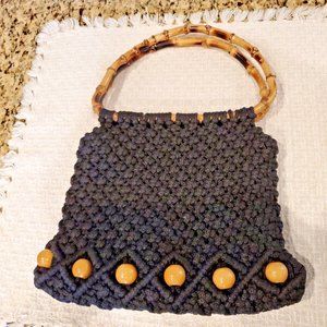 Vintage Boho Black Macrame Purse with Wood Beads & Rattan Handle